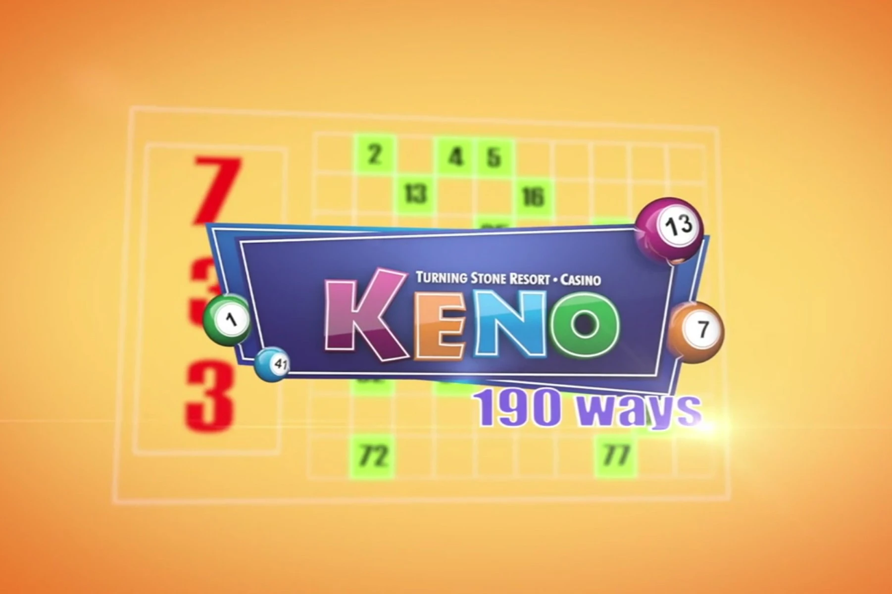 Turning Stone Resort Casino Keno icon, orange, with keno number board in background